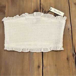 White Smocked Shirred Bandeau Top With Ruffle Trim